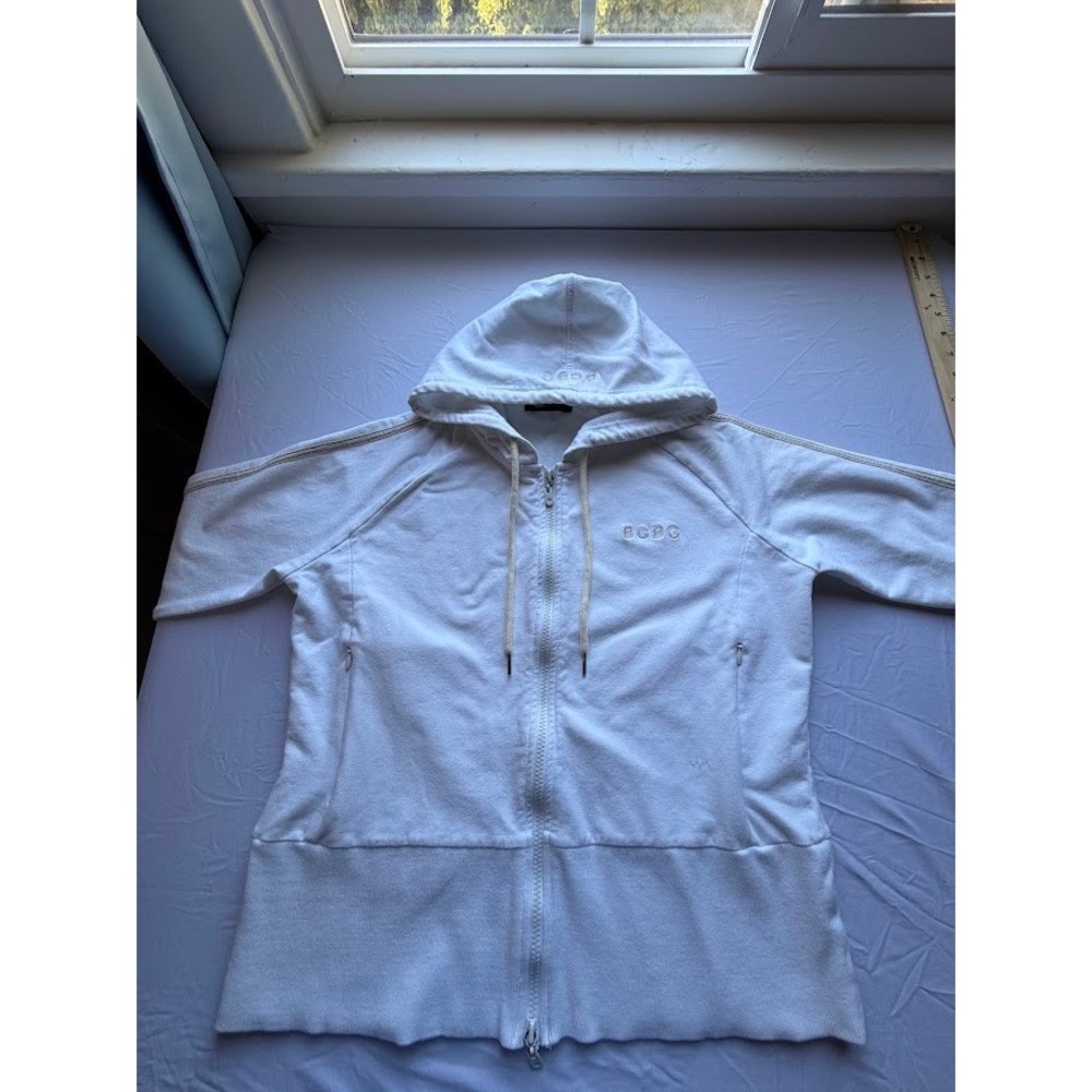 BCBG Max Azria Womens White Full Zip Hoodie Gold Stripe Athletic Sweatshirt